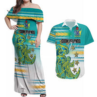 Personalised Cook Islands Va'a Race Couples Matching Off Shoulder Maxi Dress and Hawaiian Shirt Te Tatau Tattoos Sporty Style Turquoise Color - Polynesian Pride