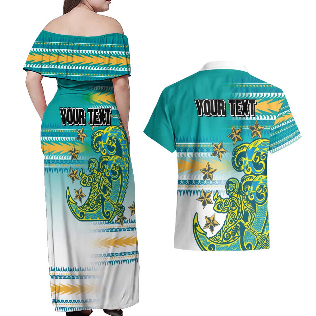Personalised Cook Islands Va'a Race Couples Matching Off Shoulder Maxi Dress and Hawaiian Shirt Te Tatau Tattoos Sporty Style Turquoise Color - Polynesian Pride