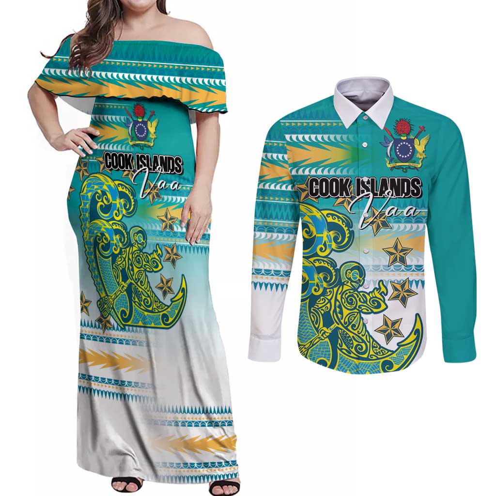 Personalised Cook Islands Va'a Race Couples Matching Off Shoulder Maxi Dress and Long Sleeve Button Shirt Te Tatau Tattoos Sporty Style Turquoise Color - Polynesian Pride