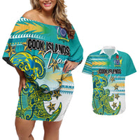 Personalised Cook Islands Va'a Race Couples Matching Off Shoulder Short Dress and Hawaiian Shirt Te Tatau Tattoos Sporty Style Turquoise Color - Polynesian Pride