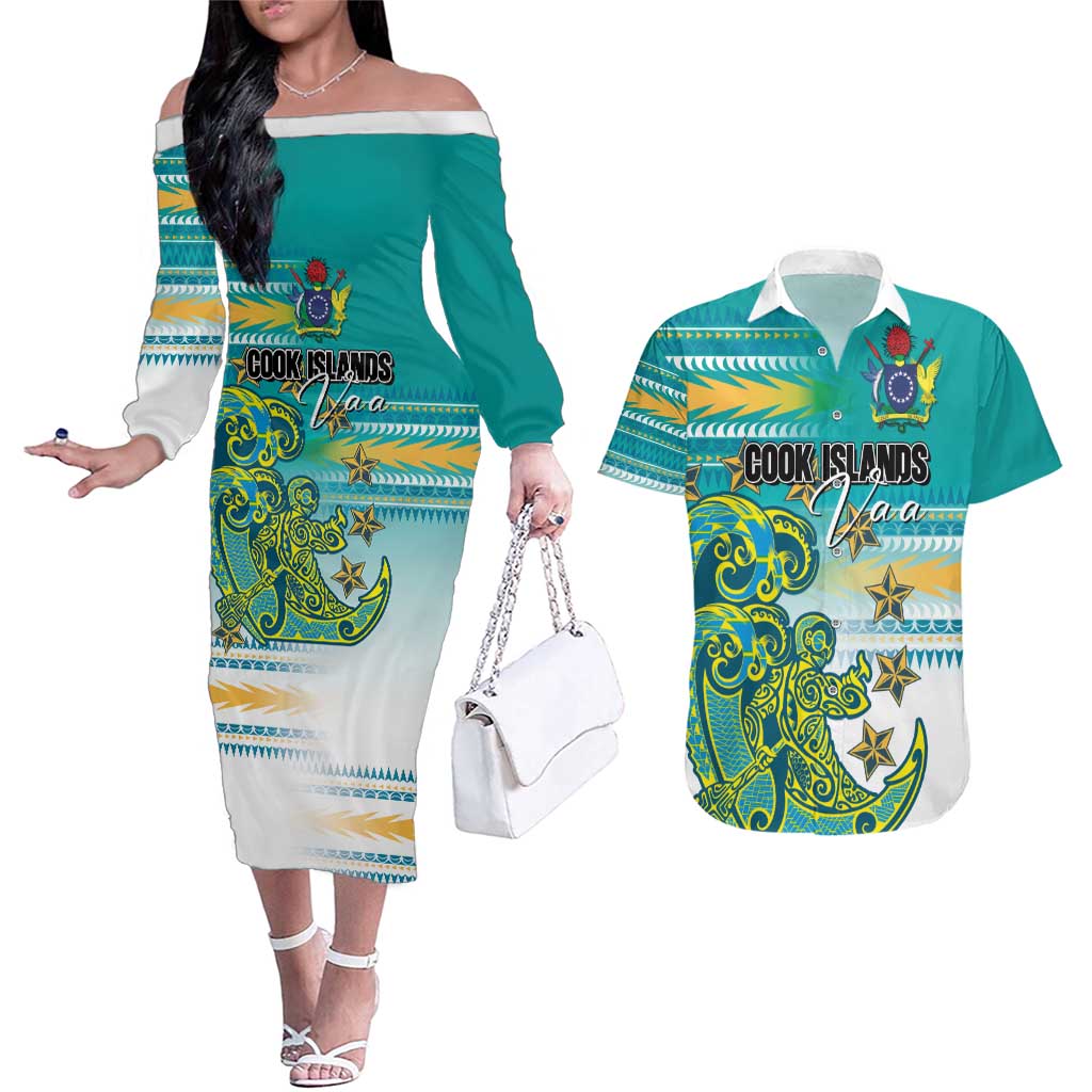 Personalised Cook Islands Va'a Race Couples Matching Off The Shoulder Long Sleeve Dress and Hawaiian Shirt Te Tatau Tattoos Sporty Style Turquoise Color - Polynesian Pride