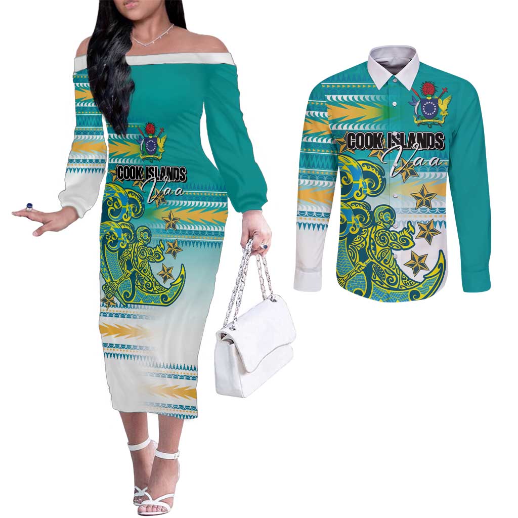 Personalised Cook Islands Va'a Race Couples Matching Off The Shoulder Long Sleeve Dress and Long Sleeve Button Shirt Te Tatau Tattoos Sporty Style Turquoise Color - Polynesian Pride