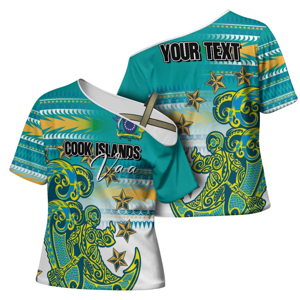 Personalised Cook Islands Va'a Race Cross Shoulder Shirt Te Tatau Tattoos Sporty Style Turquoise Color - Polynesian Pride