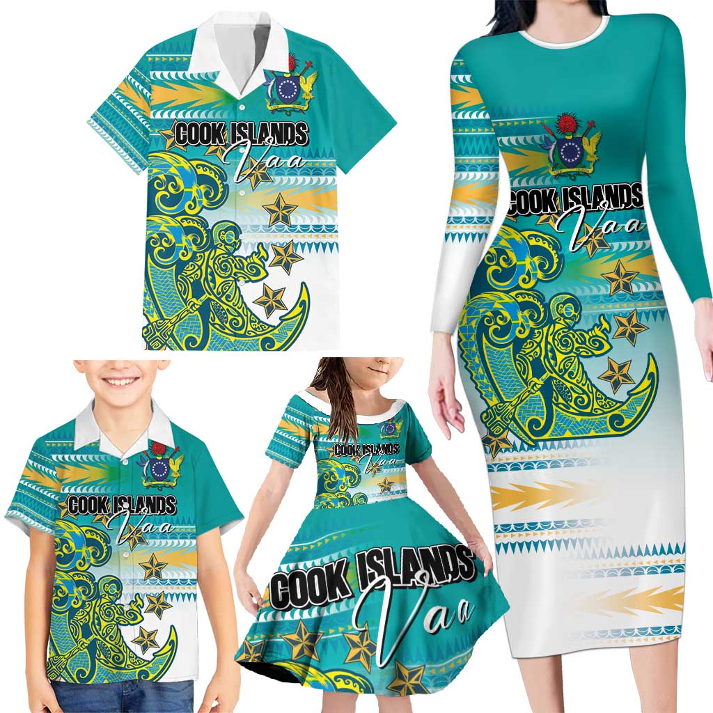 Personalised Cook Islands Va'a Race Family Matching Long Sleeve Bodycon Dress and Hawaiian Shirt Te Tatau Tattoos Sporty Style Turquoise Color - Polynesian Pride
