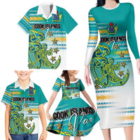 Personalised Cook Islands Va'a Race Family Matching Long Sleeve Bodycon Dress and Hawaiian Shirt Te Tatau Tattoos Sporty Style Turquoise Color - Polynesian Pride