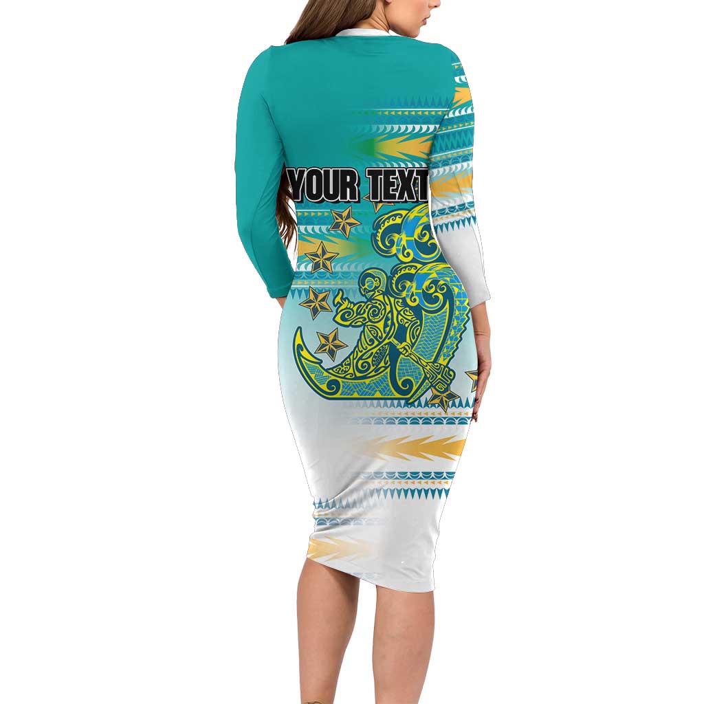 Personalised Cook Islands Va'a Race Family Matching Long Sleeve Bodycon Dress and Hawaiian Shirt Te Tatau Tattoos Sporty Style Turquoise Color - Polynesian Pride