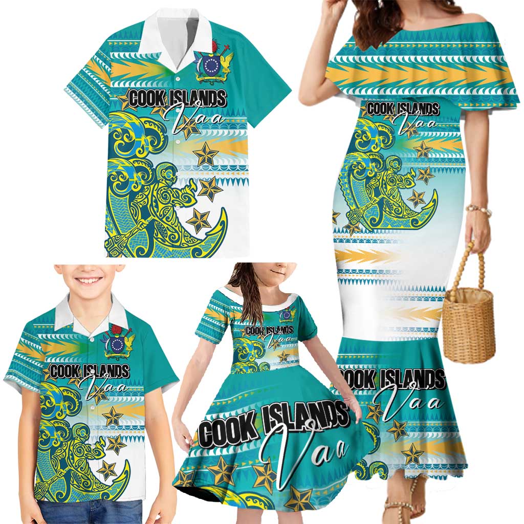 Personalised Cook Islands Va'a Race Family Matching Mermaid Dress and Hawaiian Shirt Te Tatau Tattoos Sporty Style Turquoise Color - Polynesian Pride