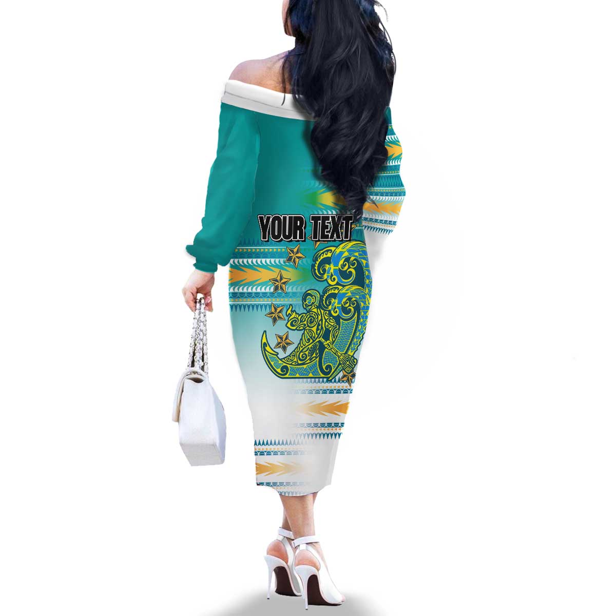 Personalised Cook Islands Va'a Race Family Matching Off The Shoulder Long Sleeve Dress and Hawaiian Shirt Te Tatau Tattoos Sporty Style Turquoise Color - Polynesian Pride