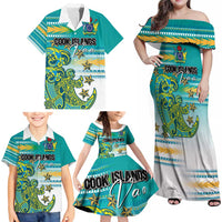 Personalised Cook Islands Va'a Race Family Matching Off Shoulder Maxi Dress and Hawaiian Shirt Te Tatau Tattoos Sporty Style Turquoise Color - Polynesian Pride