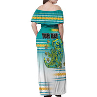 Personalised Cook Islands Va'a Race Family Matching Off Shoulder Maxi Dress and Hawaiian Shirt Te Tatau Tattoos Sporty Style Turquoise Color - Polynesian Pride
