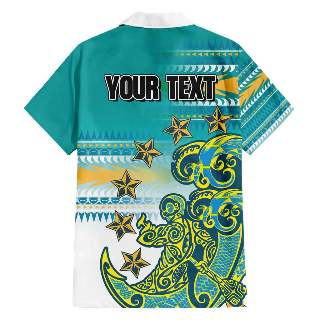 Personalised Cook Islands Va'a Race Family Matching Off Shoulder Short Dress and Hawaiian Shirt Te Tatau Tattoos Sporty Style Turquoise Color - Polynesian Pride