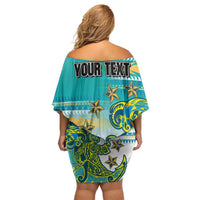 Personalised Cook Islands Va'a Race Family Matching Off Shoulder Short Dress and Hawaiian Shirt Te Tatau Tattoos Sporty Style Turquoise Color - Polynesian Pride