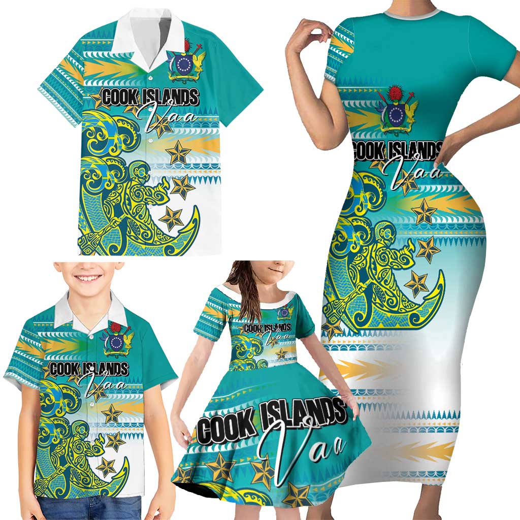 Personalised Cook Islands Va'a Race Family Matching Short Sleeve Bodycon Dress and Hawaiian Shirt Te Tatau Tattoos Sporty Style Turquoise Color - Polynesian Pride