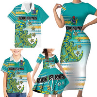 Personalised Cook Islands Va'a Race Family Matching Short Sleeve Bodycon Dress and Hawaiian Shirt Te Tatau Tattoos Sporty Style Turquoise Color - Polynesian Pride