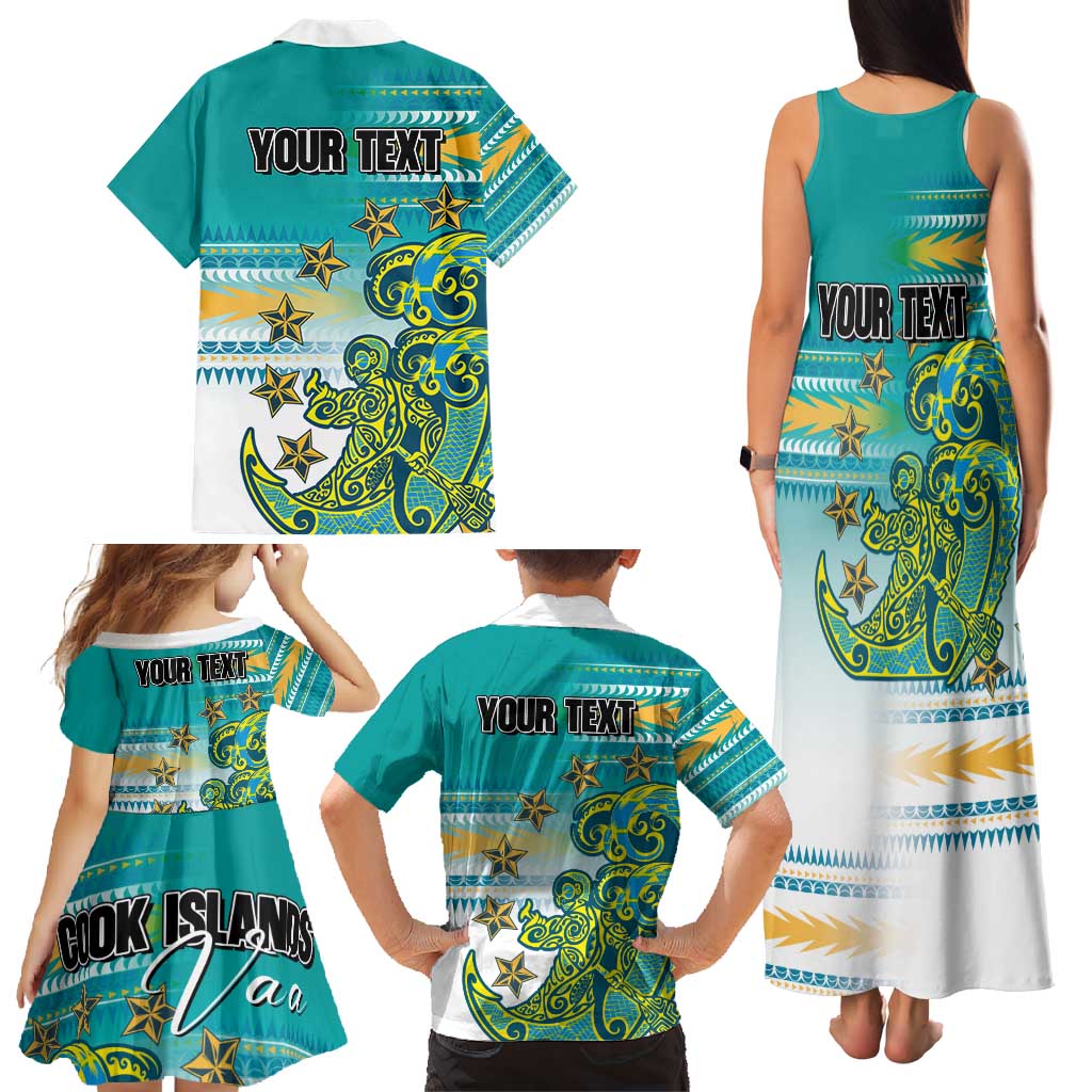 Personalised Cook Islands Va'a Race Family Matching Tank Maxi Dress and Hawaiian Shirt Te Tatau Tattoos Sporty Style Turquoise Color - Polynesian Pride