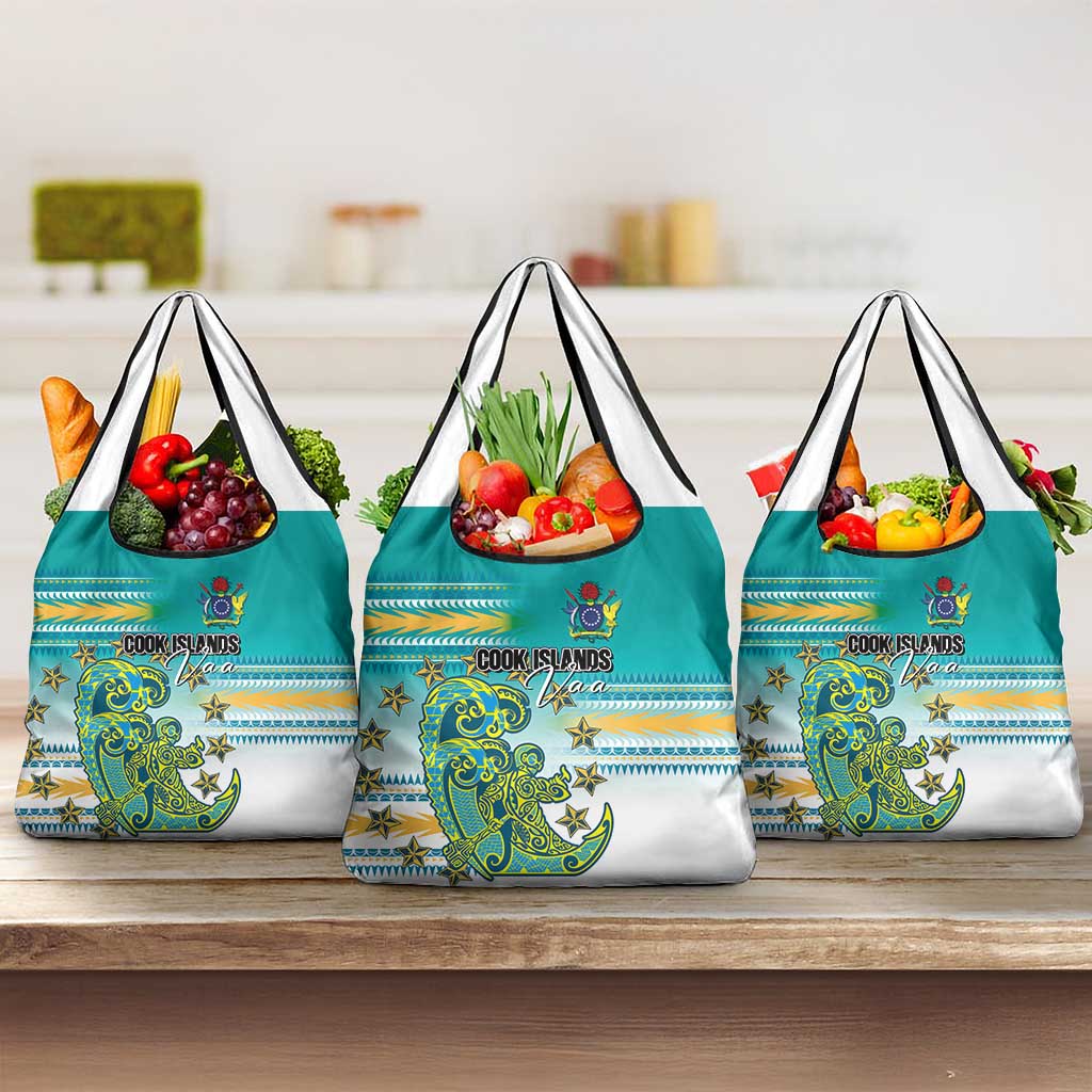 Cook Islands Va'a Race Grocery Bag Te Tatau Tattoos Sporty Style Turquoise Color - Polynesian Pride