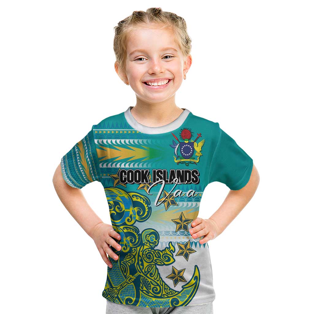 Personalised Cook Islands Va'a Race Kid T Shirt Te Tatau Tattoos Sporty Style Turquoise Color - Polynesian Pride