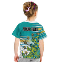 Personalised Cook Islands Va'a Race Kid T Shirt Te Tatau Tattoos Sporty Style Turquoise Color - Polynesian Pride