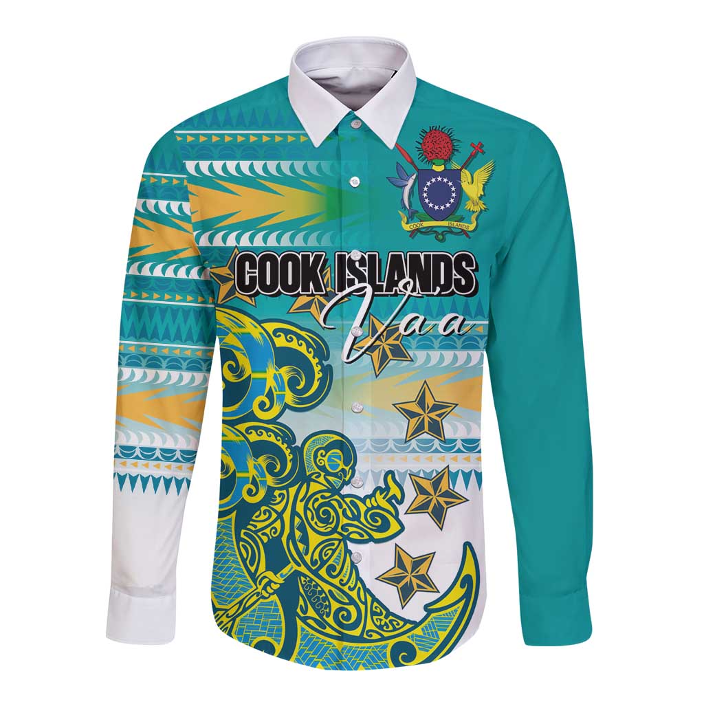 Personalised Cook Islands Va'a Race Long Sleeve Button Shirt Te Tatau Tattoos Sporty Style Turquoise Color - Polynesian Pride
