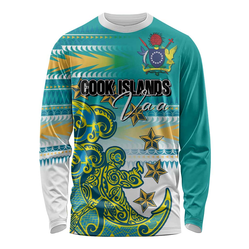 Personalised Cook Islands Va'a Race Long Sleeve Shirt Te Tatau Tattoos Sporty Style Turquoise Color - Polynesian Pride