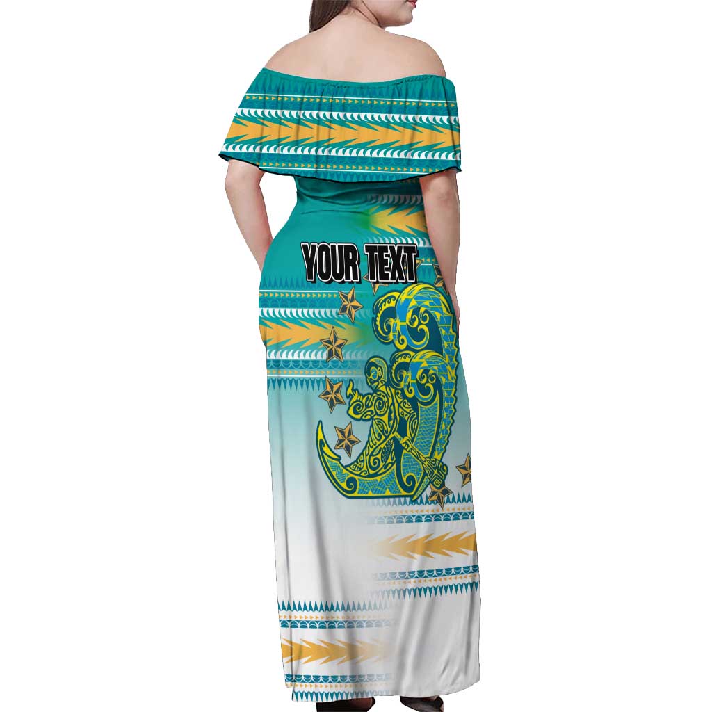 Personalised Cook Islands Va'a Race Off Shoulder Maxi Dress Te Tatau Tattoos Sporty Style Turquoise Color - Polynesian Pride