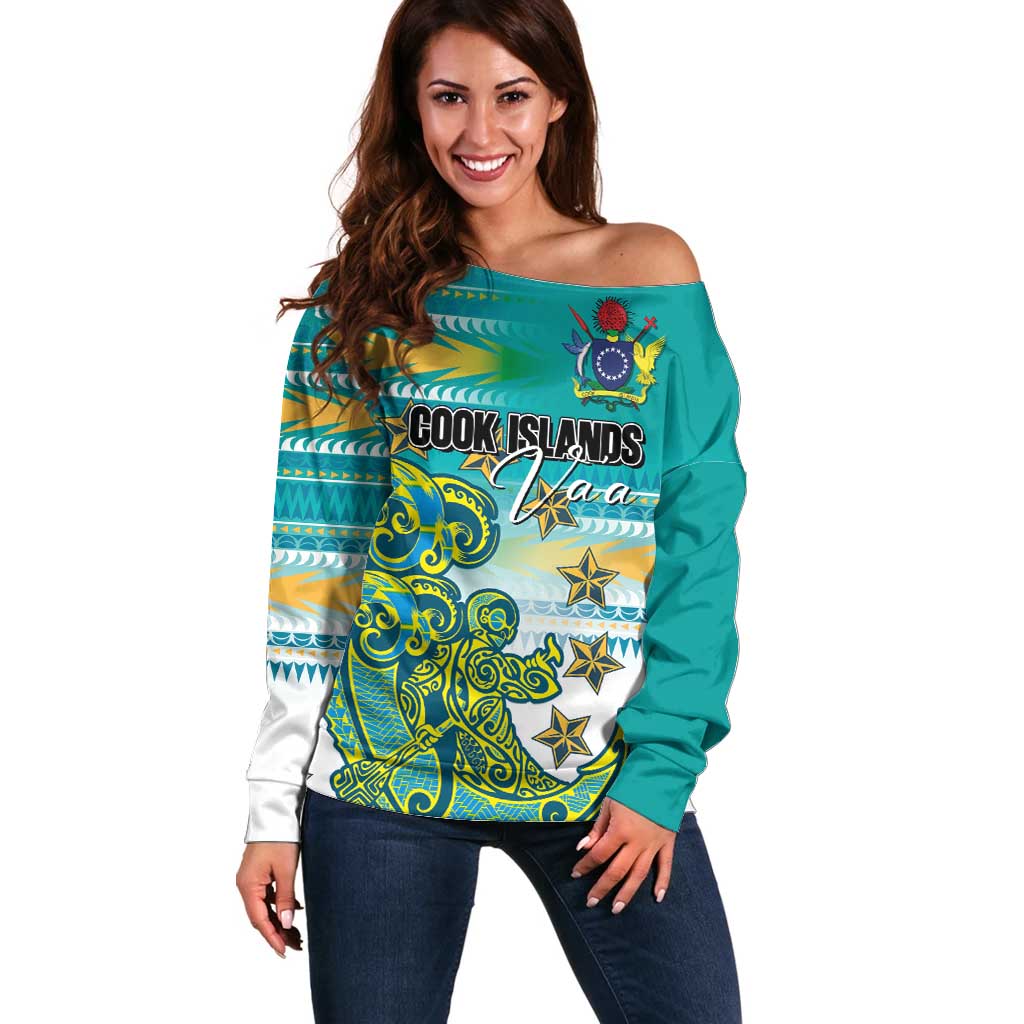 Personalised Cook Islands Va'a Race Off Shoulder Sweater Te Tatau Tattoos Sporty Style Turquoise Color - Polynesian Pride