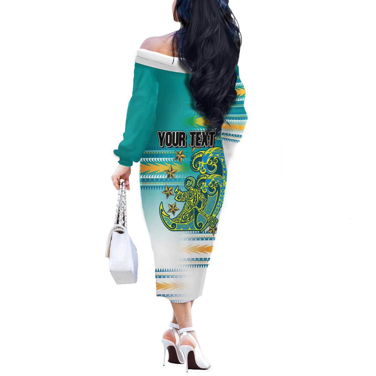 Personalised Cook Islands Va'a Race Off The Shoulder Long Sleeve Dress Te Tatau Tattoos Sporty Style Turquoise Color - Polynesian Pride