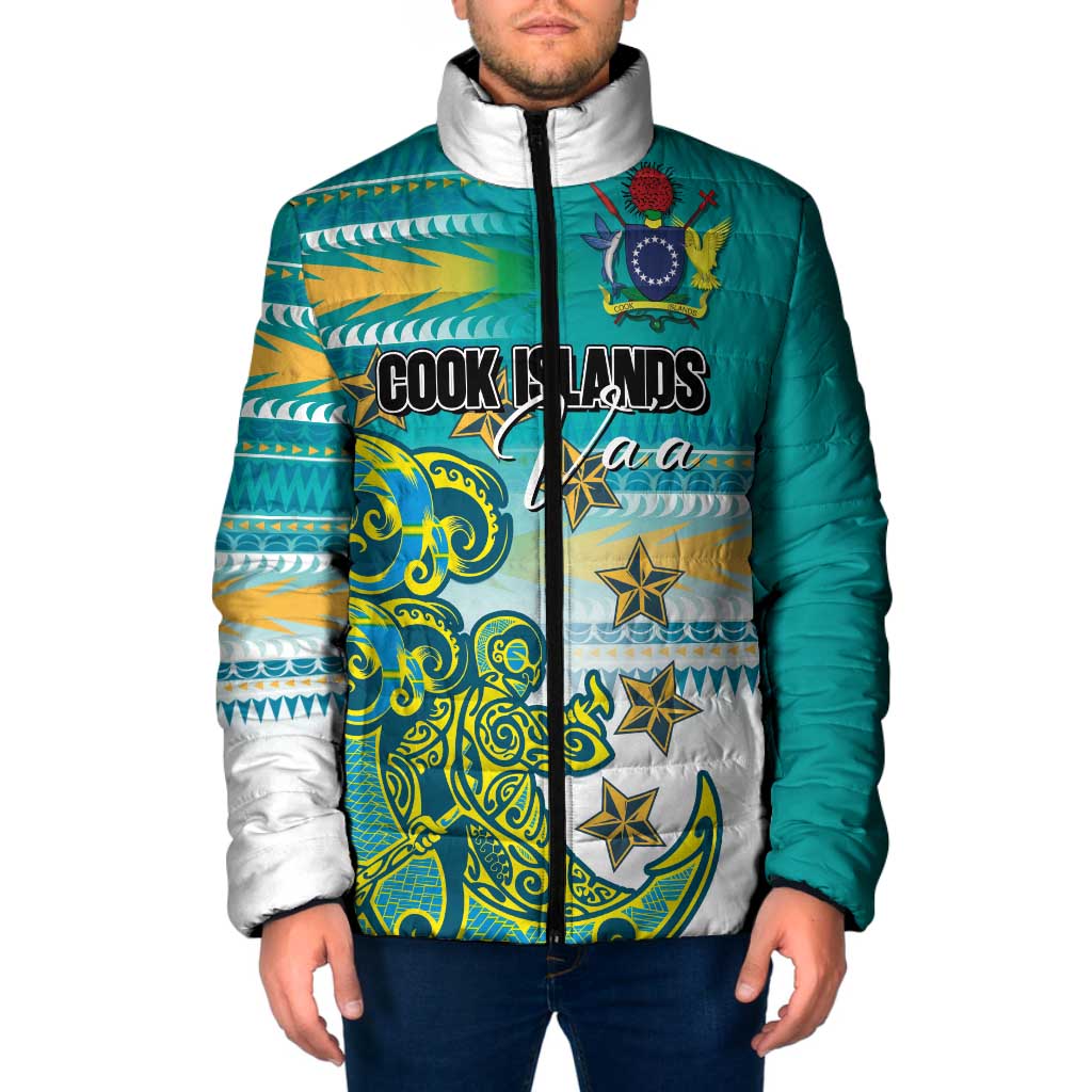 Personalised Cook Islands Va'a Race Padded Jacket Te Tatau Tattoos Sporty Style Turquoise Color - Polynesian Pride