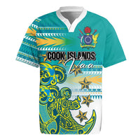 Personalised Cook Islands Va'a Race Rugby Jersey Te Tatau Tattoos Sporty Style Turquoise Color - Polynesian Pride