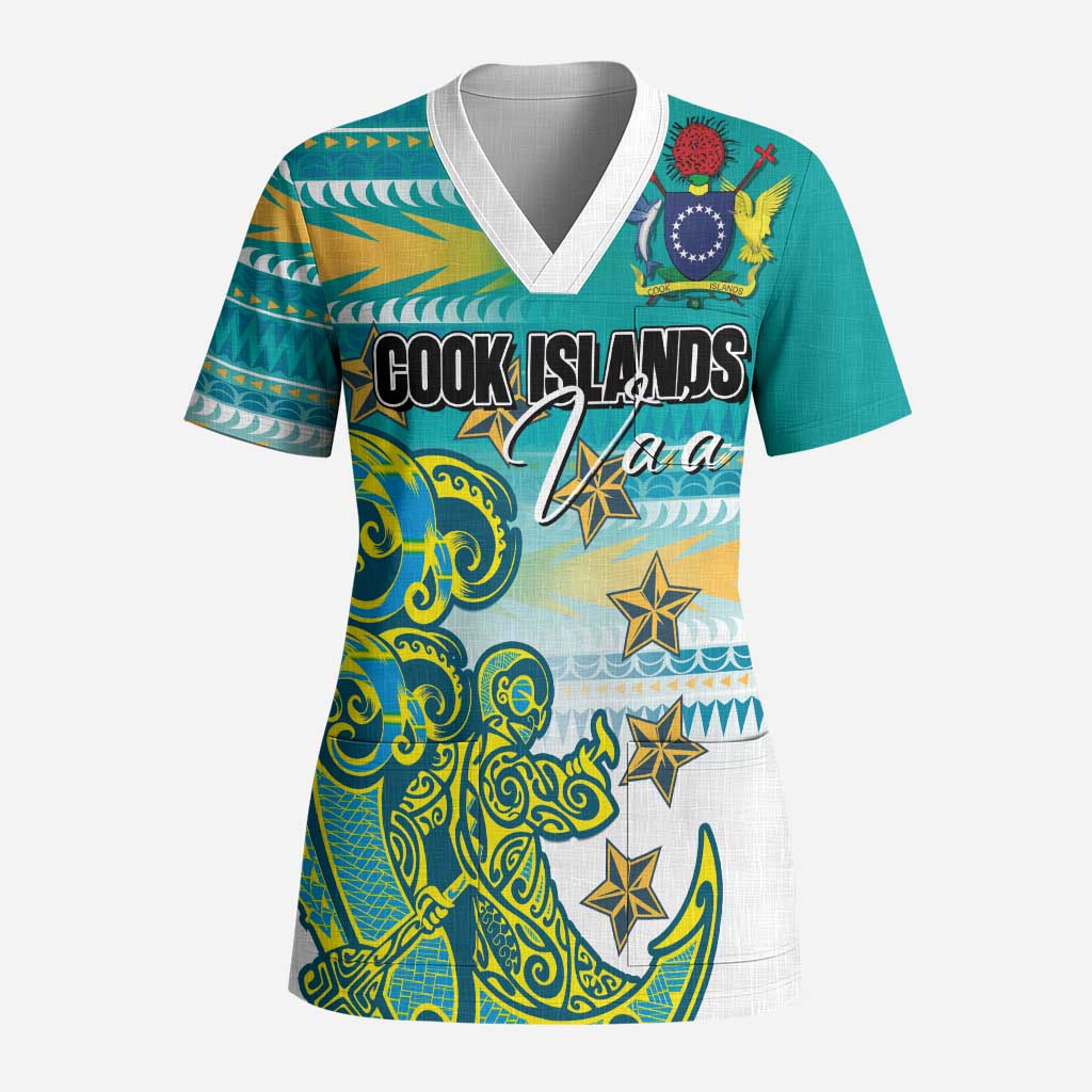 Personalised Cook Islands Va'a Race Scrub Top Te Tatau Tattoos Sporty Style Turquoise Color - Polynesian Pride