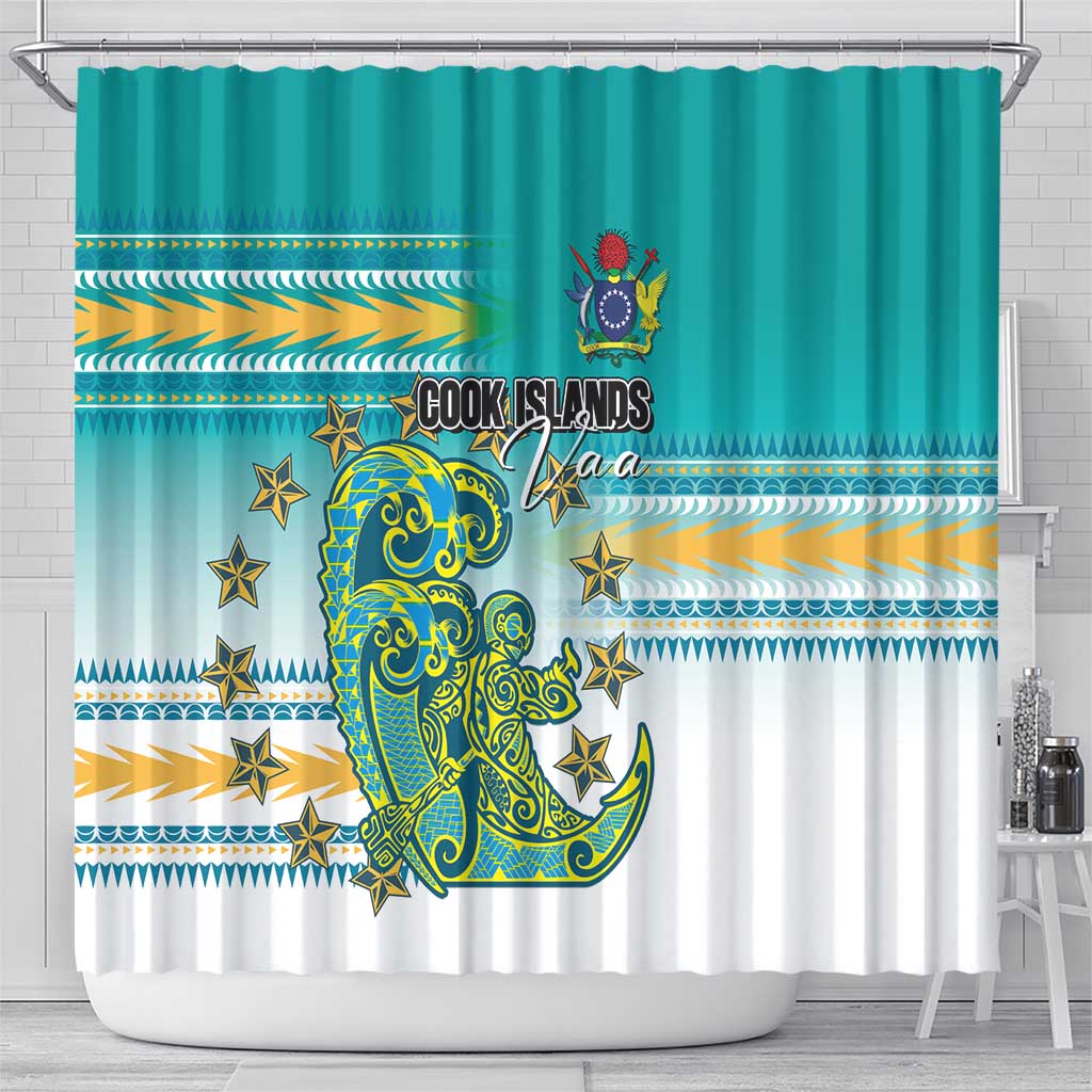 Cook Islands Va'a Race Shower Curtain Te Tatau Tattoos Sporty Style Turquoise Color - Polynesian Pride