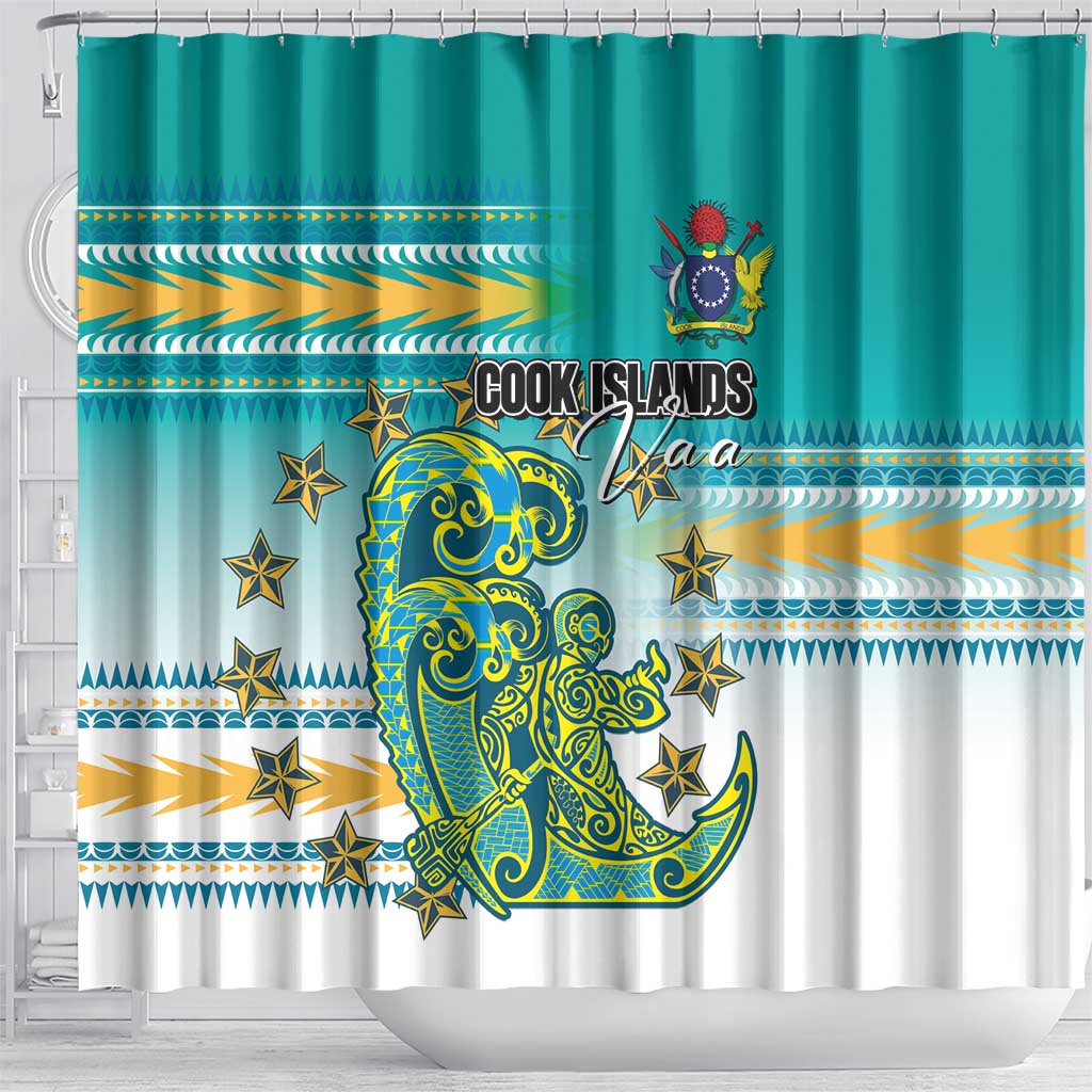 Cook Islands Va'a Race Shower Curtain Te Tatau Tattoos Sporty Style Turquoise Color - Polynesian Pride