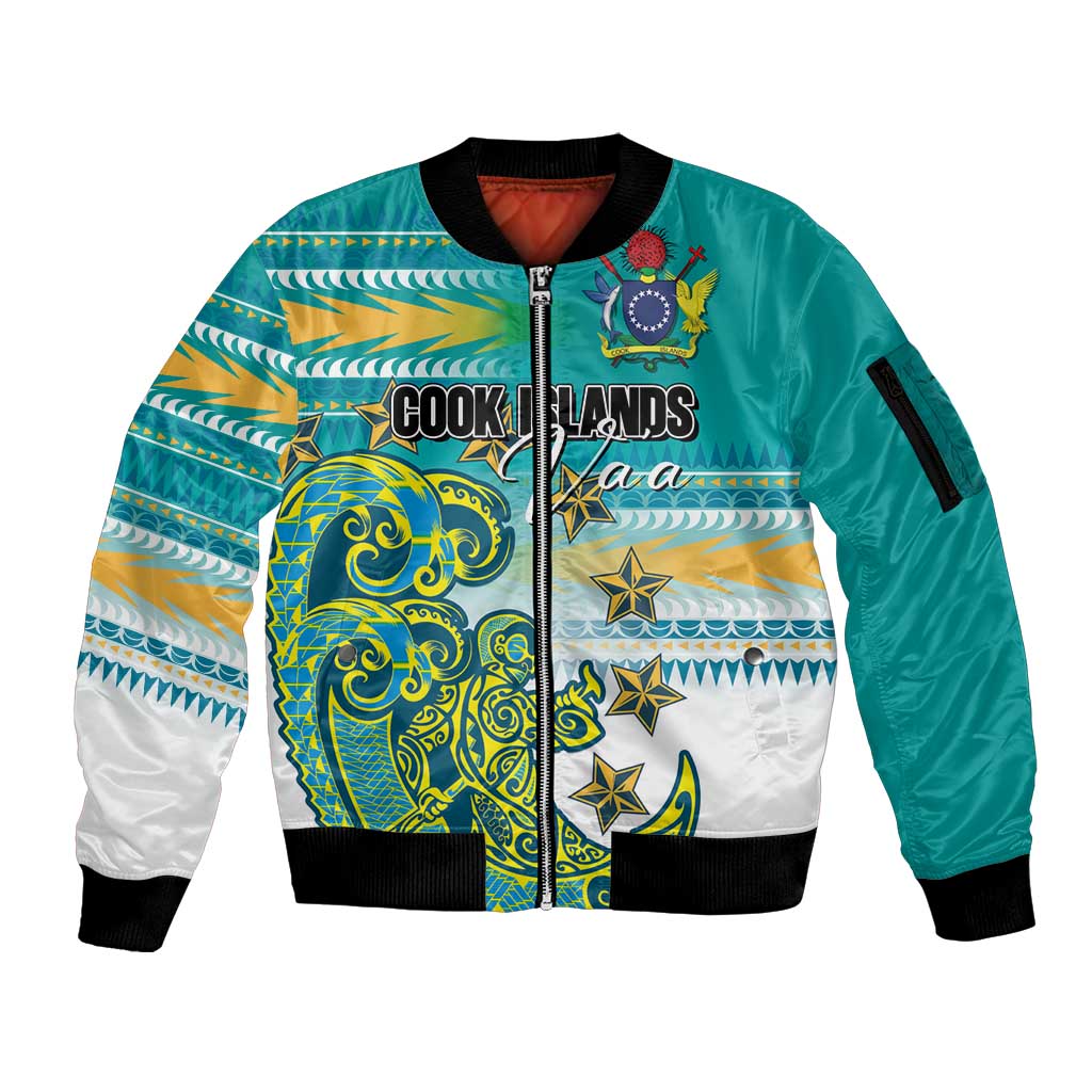 Personalised Cook Islands Va'a Race Sleeve Zip Bomber Jacket Te Tatau Tattoos Sporty Style Turquoise Color - Polynesian Pride