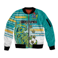 Personalised Cook Islands Va'a Race Sleeve Zip Bomber Jacket Te Tatau Tattoos Sporty Style Turquoise Color - Polynesian Pride