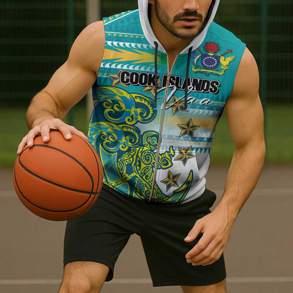 Personalised Cook Islands Va'a Race Sleeveless Zip Hoodie Te Tatau Tattoos Sporty Style Turquoise Color - Polynesian Pride