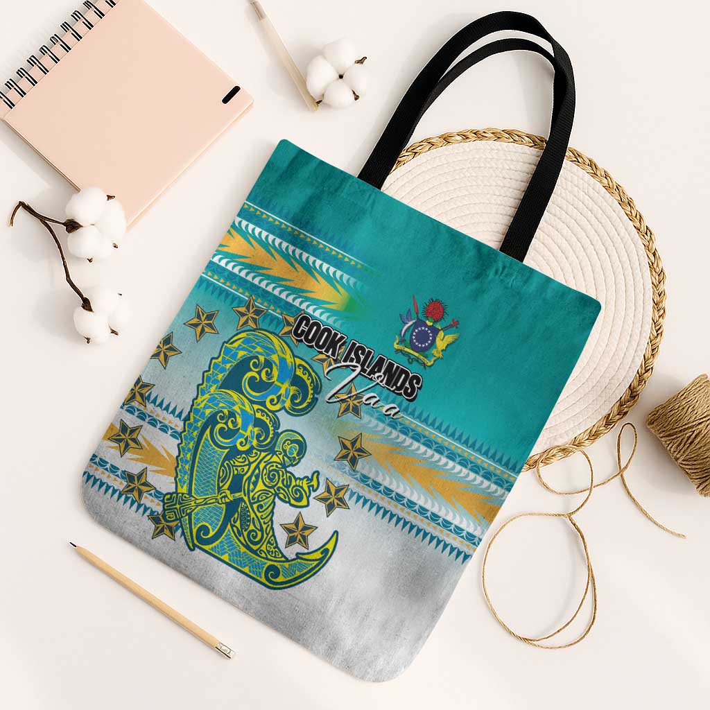 Cook Islands Va'a Race Tote Bag Te Tatau Tattoos Sporty Style Turquoise Color - Polynesian Pride