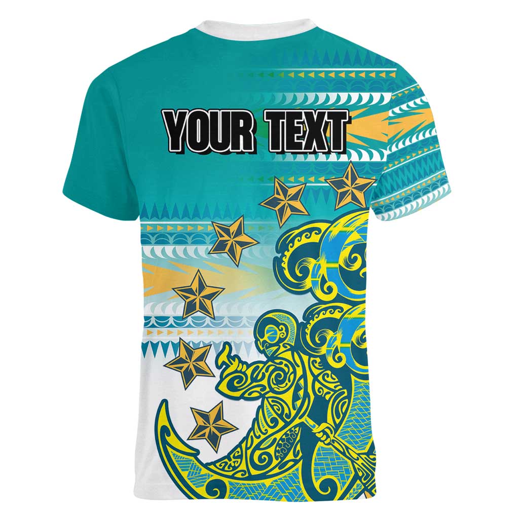 Personalised Cook Islands Va'a Race Women V-Neck T-Shirt Te Tatau Tattoos Sporty Style Turquoise Color - Polynesian Pride