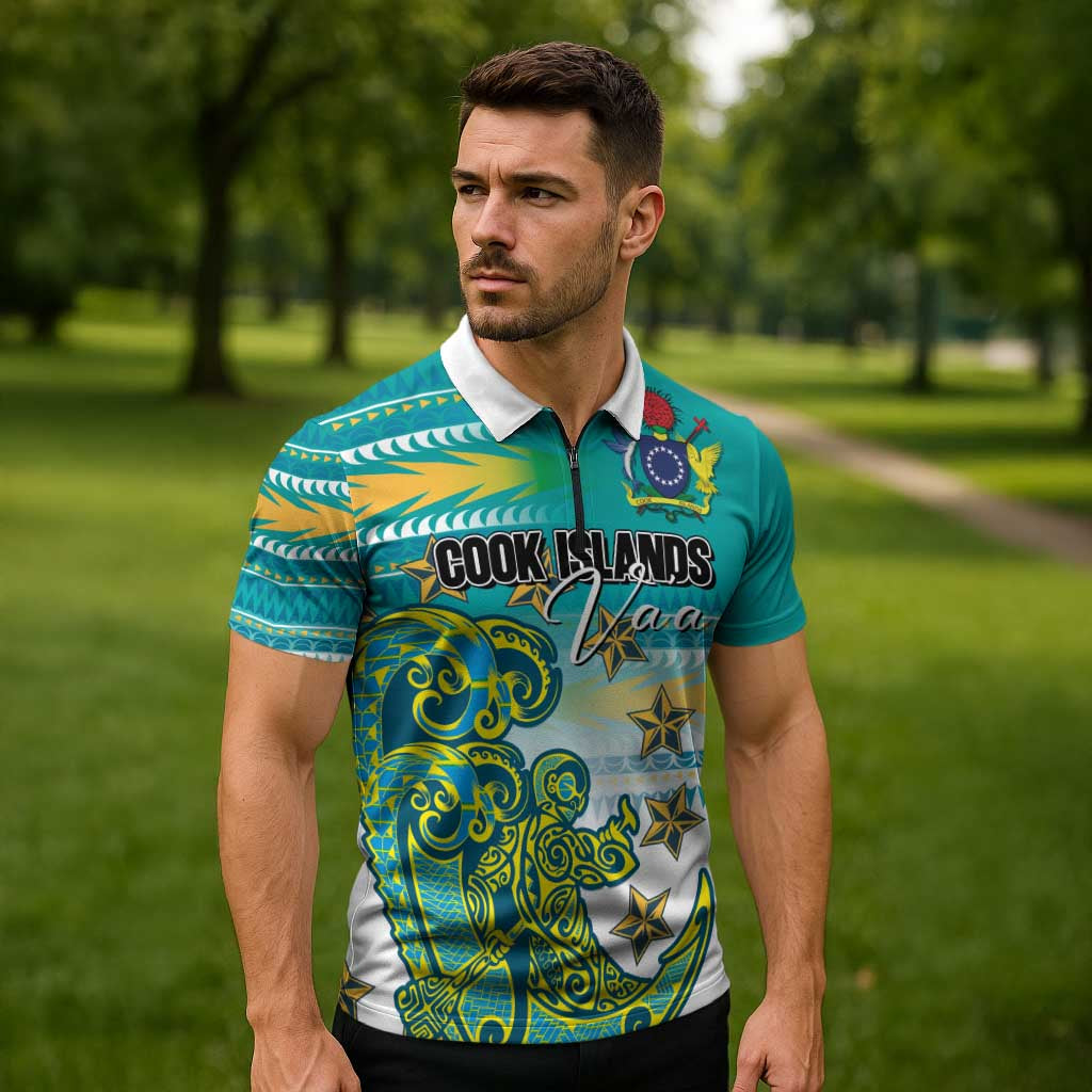 Personalised Cook Islands Va'a Race Zipper Polo Shirt Te Tatau Tattoos Sporty Style Turquoise Color - Polynesian Pride