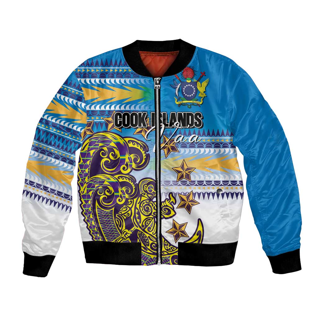 Personalised Cook Islands Va'a Race Bomber Jacket Te Tatau Tattoos Sporty Style Glory Blue Color - Polynesian Pride