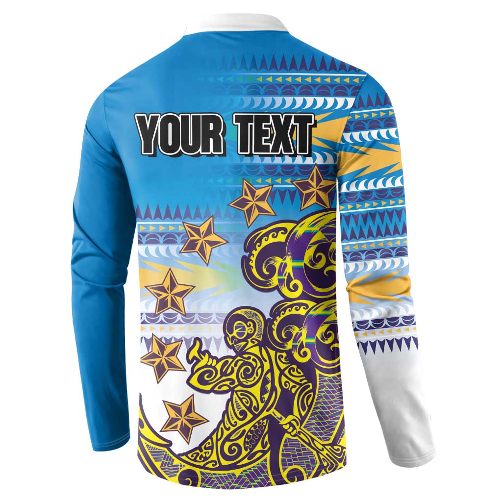 Personalised Cook Islands Va'a Race Button Sweatshirt Te Tatau Tattoos Sporty Style Glory Blue Color - Polynesian Pride