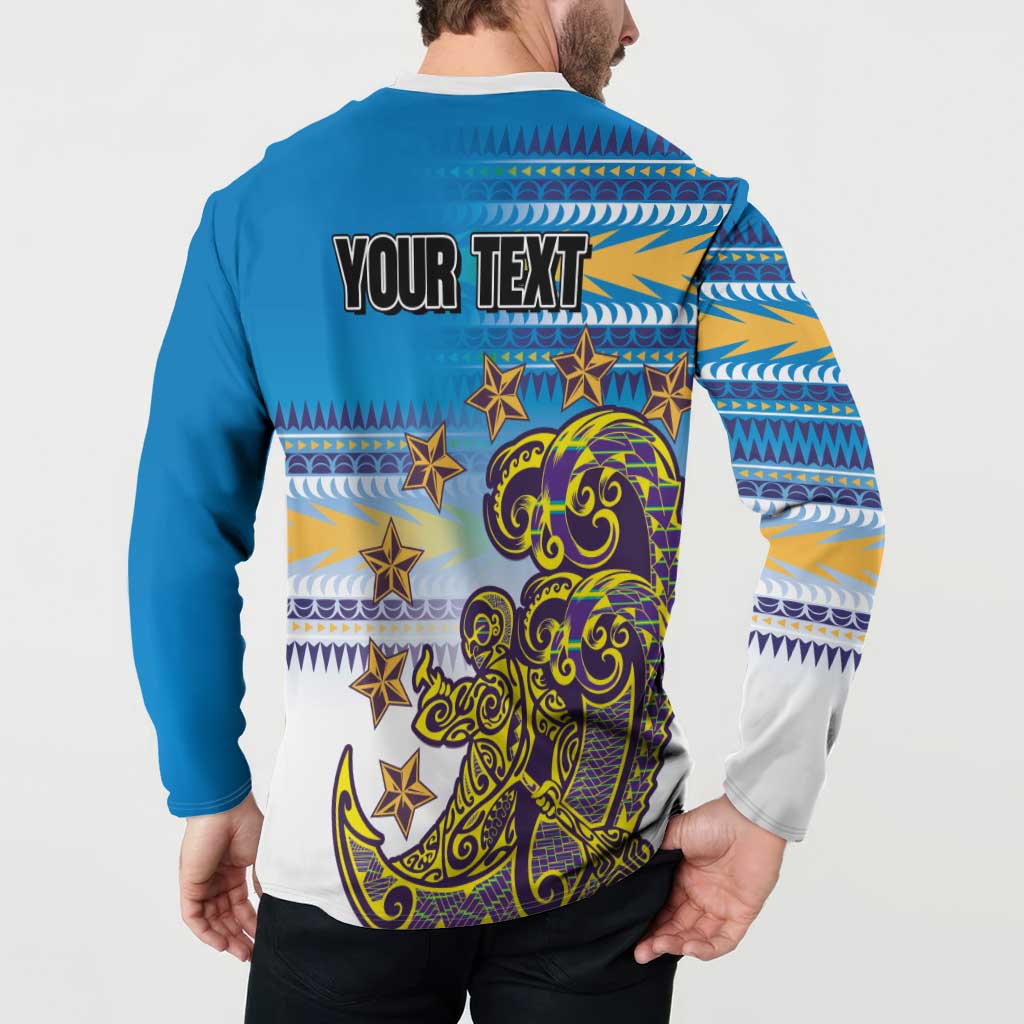 Personalised Cook Islands Va'a Race Button Sweatshirt Te Tatau Tattoos Sporty Style Glory Blue Color - Polynesian Pride