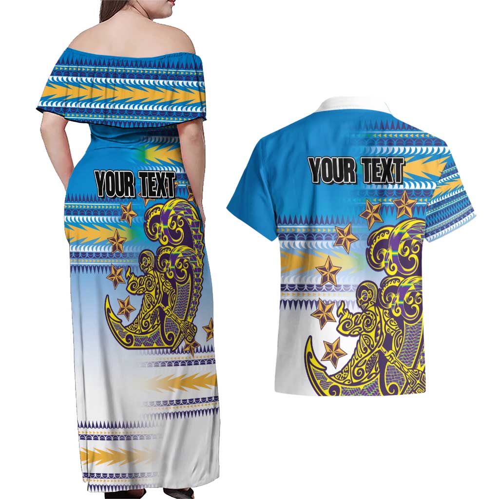 Personalised Cook Islands Va'a Race Couples Matching Off Shoulder Maxi Dress and Hawaiian Shirt Te Tatau Tattoos Sporty Style Glory Blue Color - Polynesian Pride