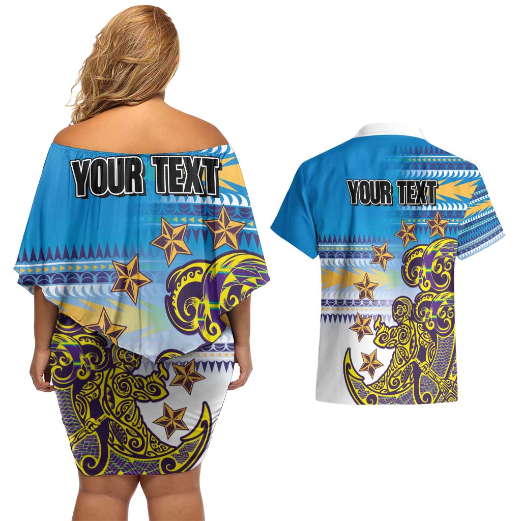 Personalised Cook Islands Va'a Race Couples Matching Off Shoulder Short Dress and Hawaiian Shirt Te Tatau Tattoos Sporty Style Glory Blue Color - Polynesian Pride