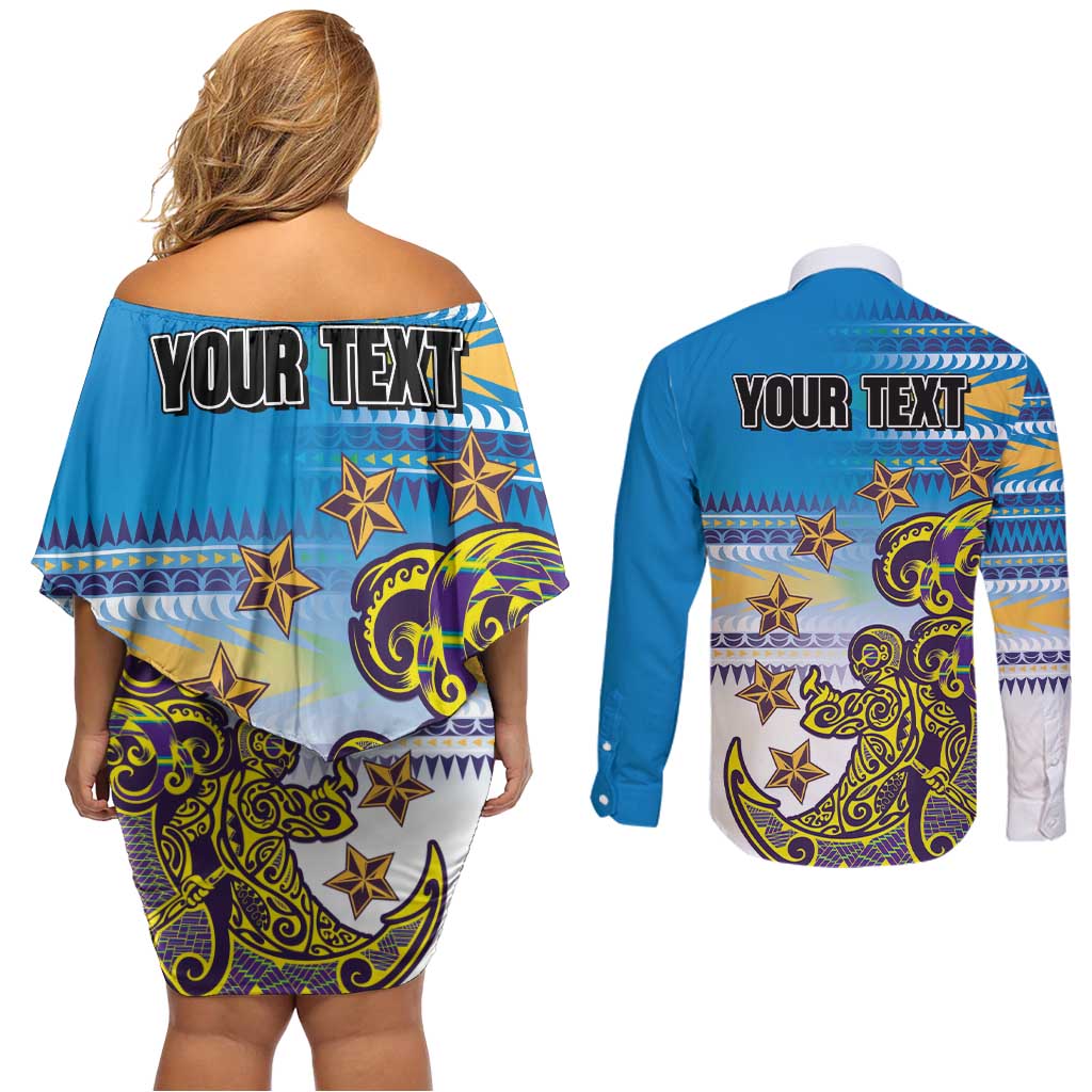 Personalised Cook Islands Va'a Race Couples Matching Off Shoulder Short Dress and Long Sleeve Button Shirt Te Tatau Tattoos Sporty Style Glory Blue Color - Polynesian Pride