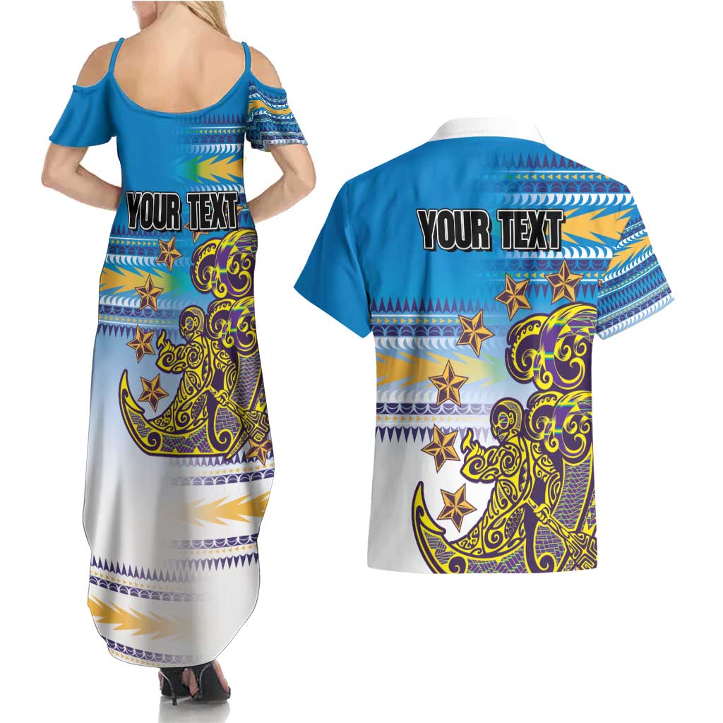 Personalised Cook Islands Va'a Race Couples Matching Summer Maxi Dress and Hawaiian Shirt Te Tatau Tattoos Sporty Style Glory Blue Color - Polynesian Pride