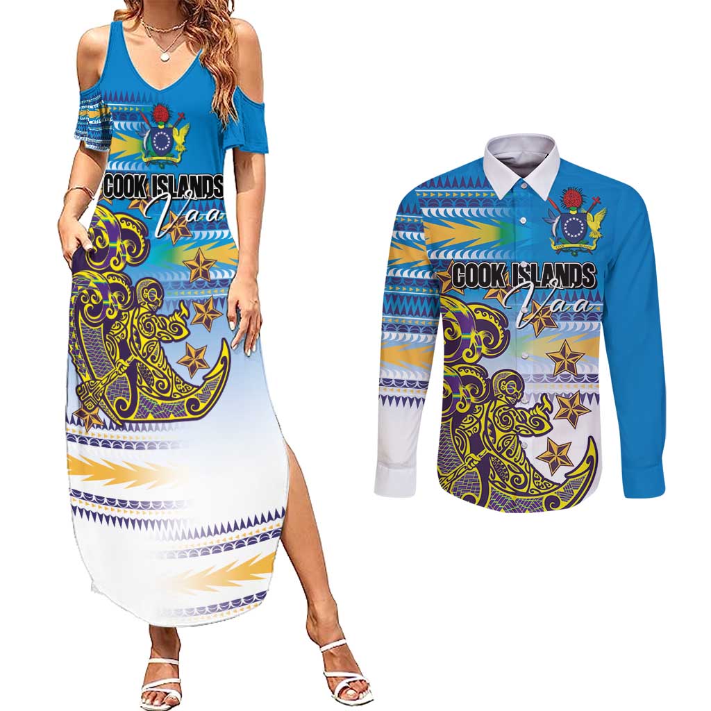 Personalised Cook Islands Va'a Race Couples Matching Summer Maxi Dress and Long Sleeve Button Shirt Te Tatau Tattoos Sporty Style Glory Blue Color - Polynesian Pride