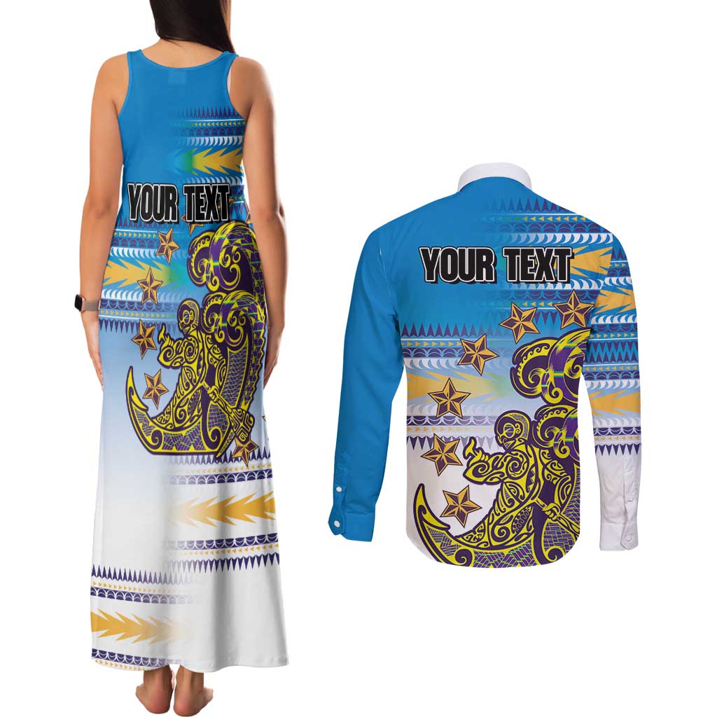 Personalised Cook Islands Va'a Race Couples Matching Tank Maxi Dress and Long Sleeve Button Shirt Te Tatau Tattoos Sporty Style Glory Blue Color - Polynesian Pride