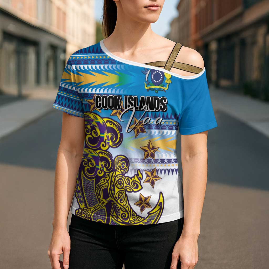 Personalised Cook Islands Va'a Race Cross Shoulder Shirt Te Tatau Tattoos Sporty Style Glory Blue Color - Polynesian Pride