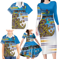 Personalised Cook Islands Va'a Race Family Matching Long Sleeve Bodycon Dress and Hawaiian Shirt Te Tatau Tattoos Sporty Style Glory Blue Color - Polynesian Pride