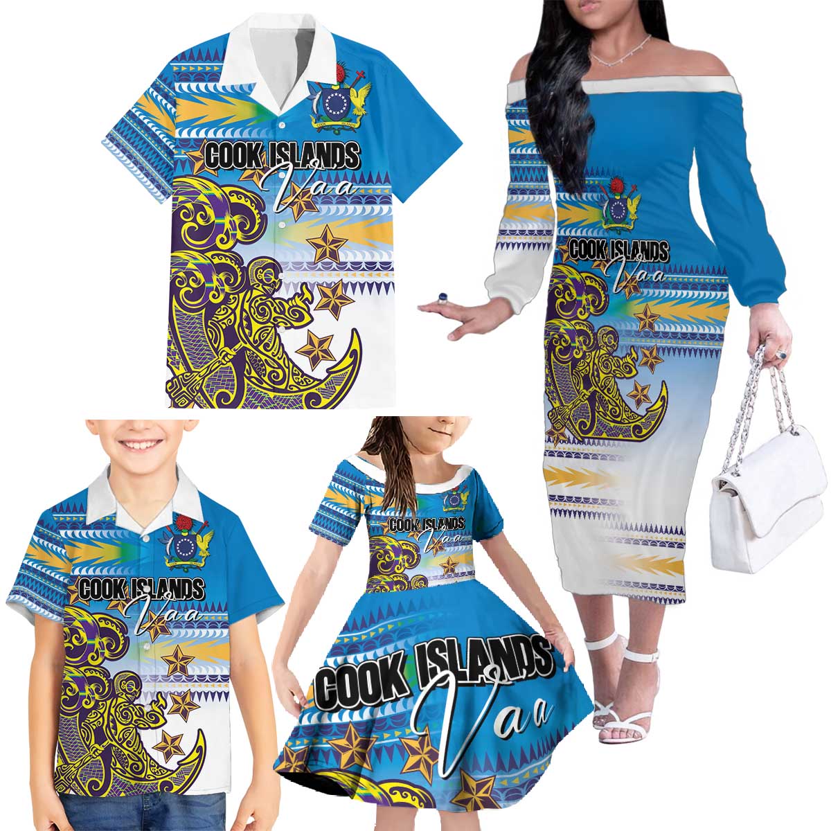 Personalised Cook Islands Va'a Race Family Matching Off The Shoulder Long Sleeve Dress and Hawaiian Shirt Te Tatau Tattoos Sporty Style Glory Blue Color - Polynesian Pride
